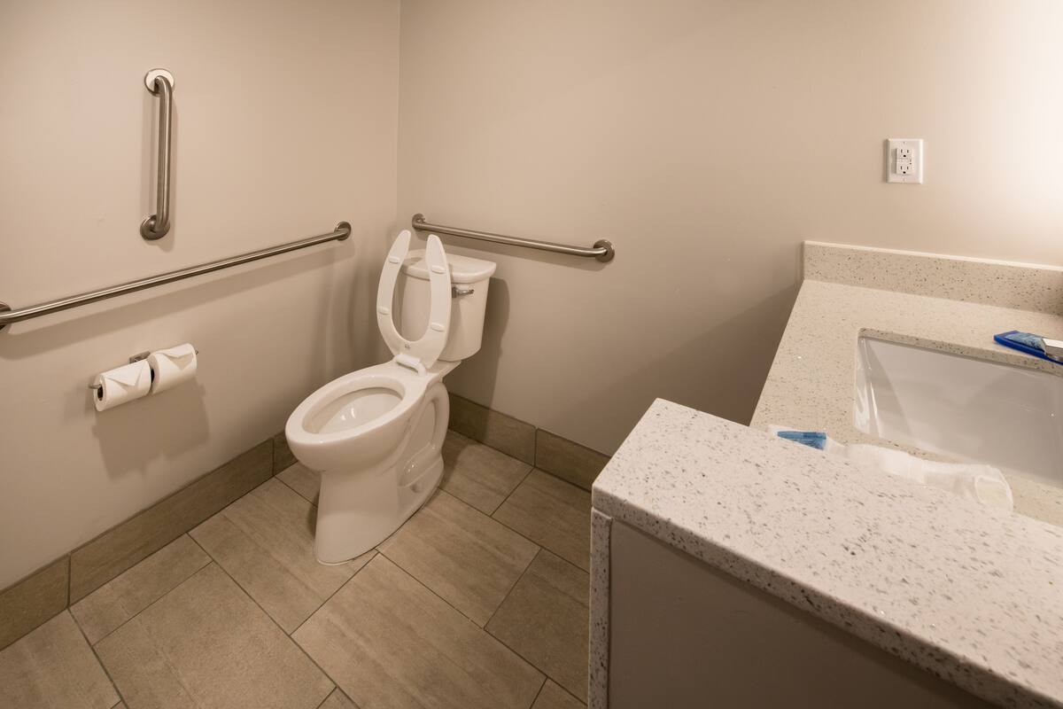 A bathroom with a toilet, grab bars, a towel dispenser, and a countertop with a sink.