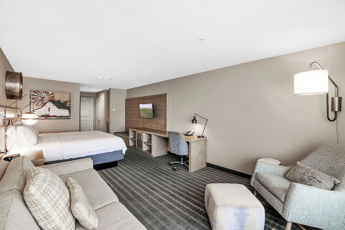 A hotel room with a bed, a desk, a chair, a sofa, and a lamp.