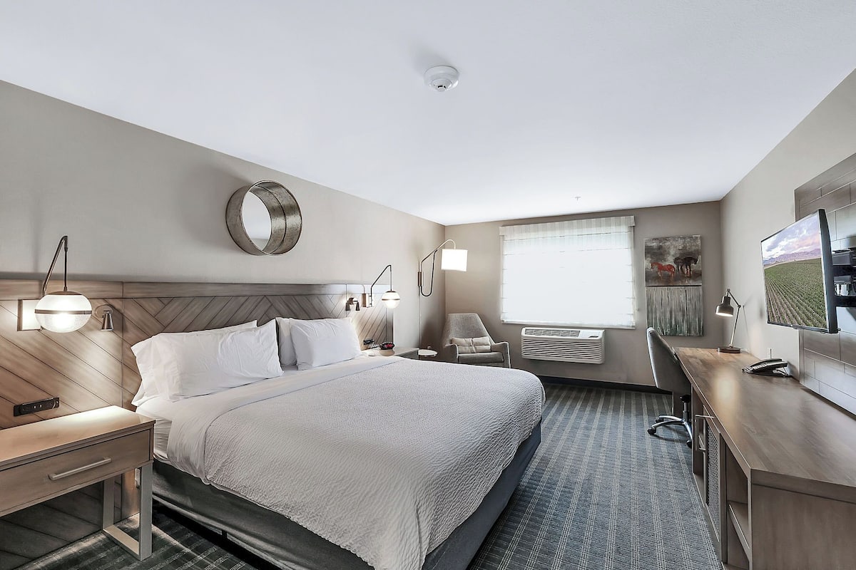 A hotel room with a large bed, bedside tables, a desk, a chair, and a TV.