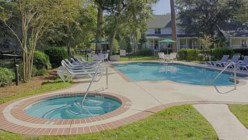 Outdoor pool, pool umbrellas, pool loungers