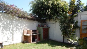 Un patio pequeño con una parrilla de ladrillo, una puerta de madera y una planta en maceta.
