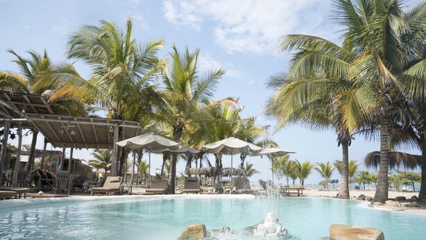 A pool area with lounge chairs, umbrellas, and palm trees. - La Casa los Tumpis (Zorritos)