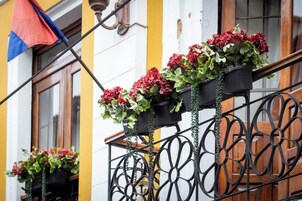 En balkon med blomsterkasser og et flag.