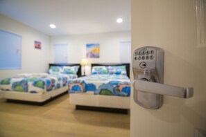 A hotel room with two beds, a digital lock on the door, and a window with blinds. - Los Angeles RoomRentals LAX (Los Angeles)