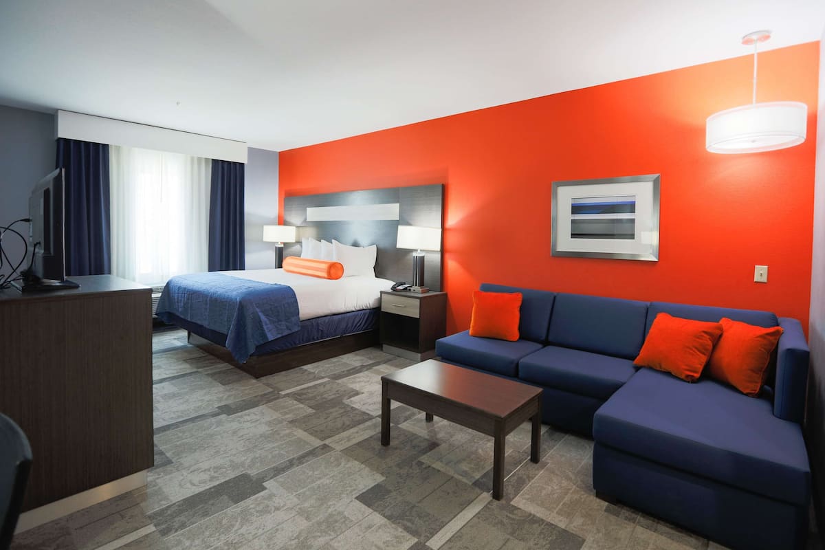 A hotel room with a bed, a sofa, a desk, and a TV.