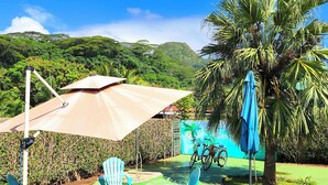 A patio with outdoor furniture, a palm tree, and a view of a mountain. - Te Ava Piti Lodge (Raiatea)