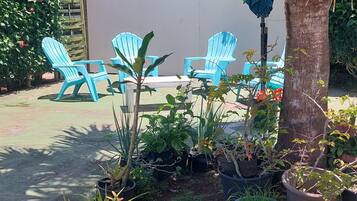 Un patio con mobiliario exterior, plantas en macetas y una palmera.