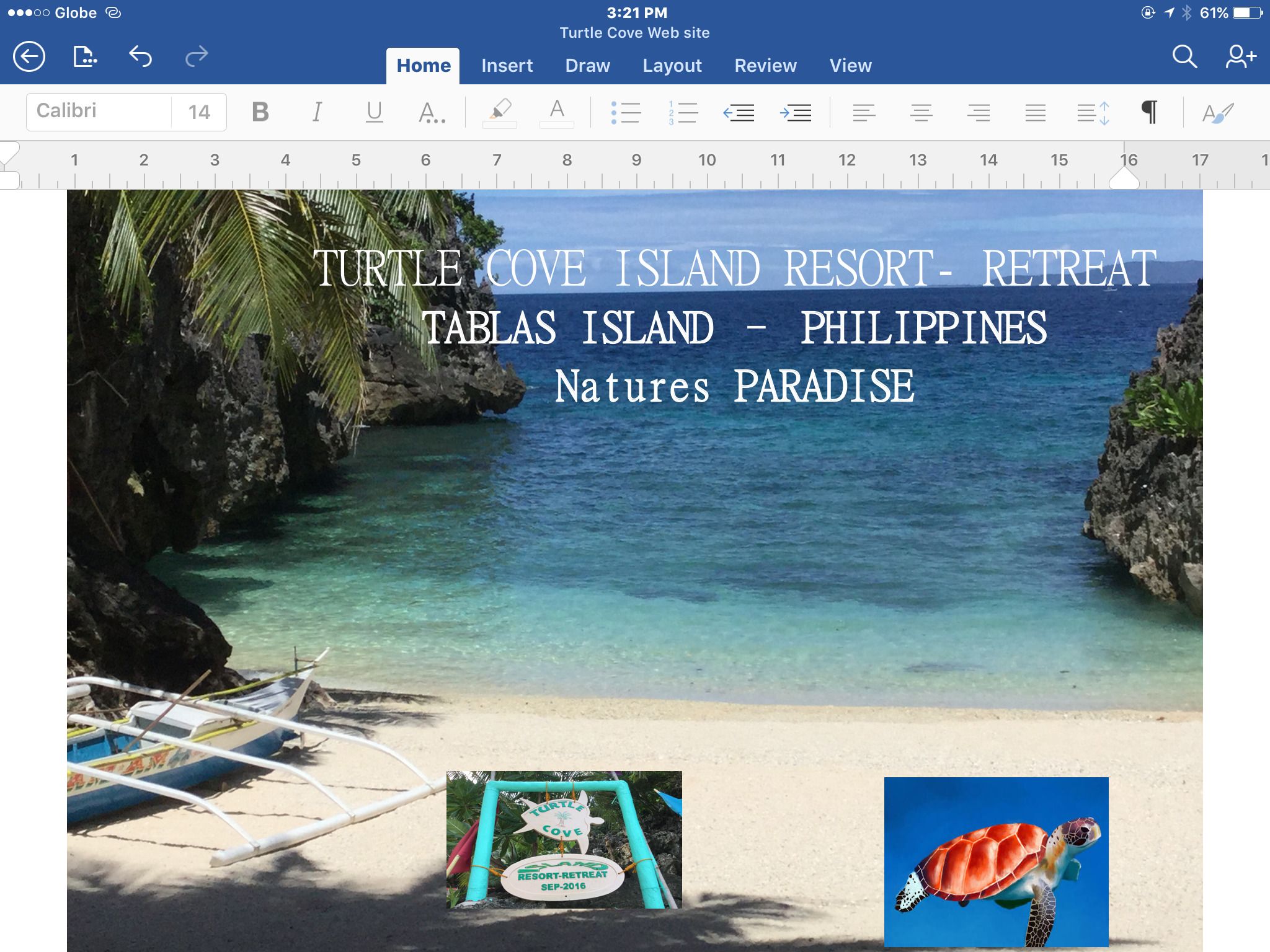 A beach scene with a sign for Turtle Cove Island Resort - Retreat in Tablas Island, Philippines.