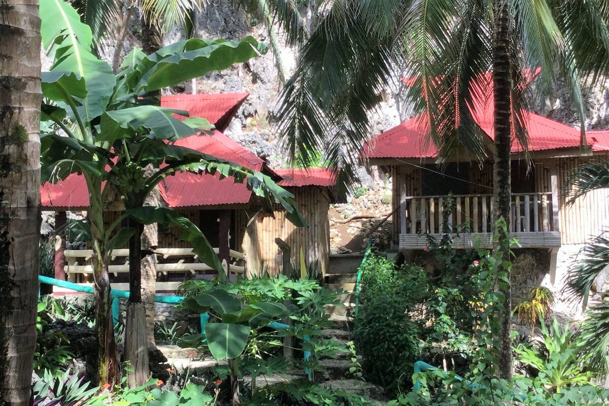 A rustic wooden structure with a red roof, surrounded by lush greenery and a stone wall.