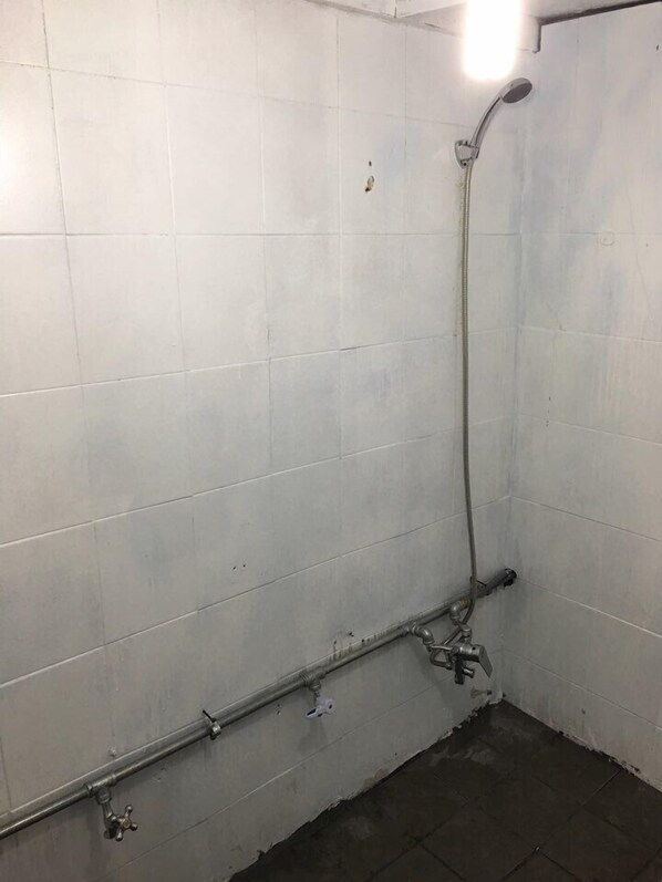 Un petit espace de douche carrelé, équipé d’un pommeau de douche à main et d’un pommeau de douche fixe.