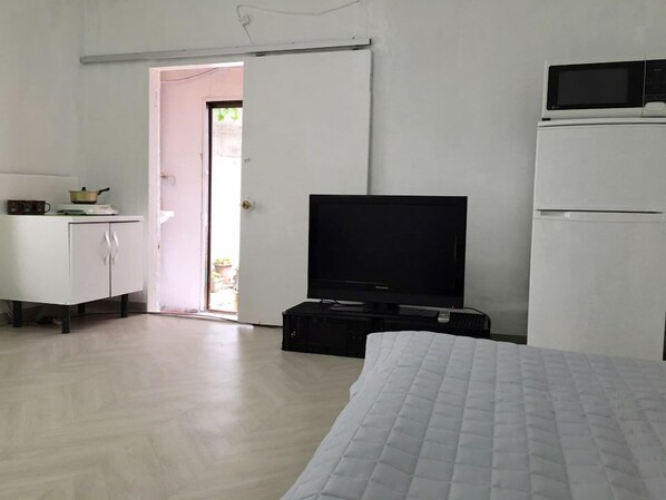 A bedroom with a bed, a television, a small kitchenette, and a door leading to an outdoor area.