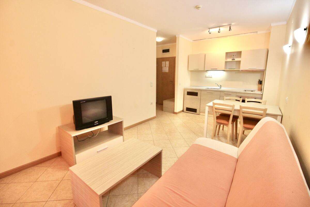 A compact living space with a television on a stand, a small dining table with chairs, and a kitchenette in the background.