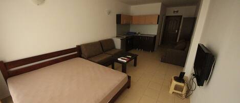 A bedroom with a bed, a sofa, a small table, a TV mounted on the wall, and a kitchenette in the background.