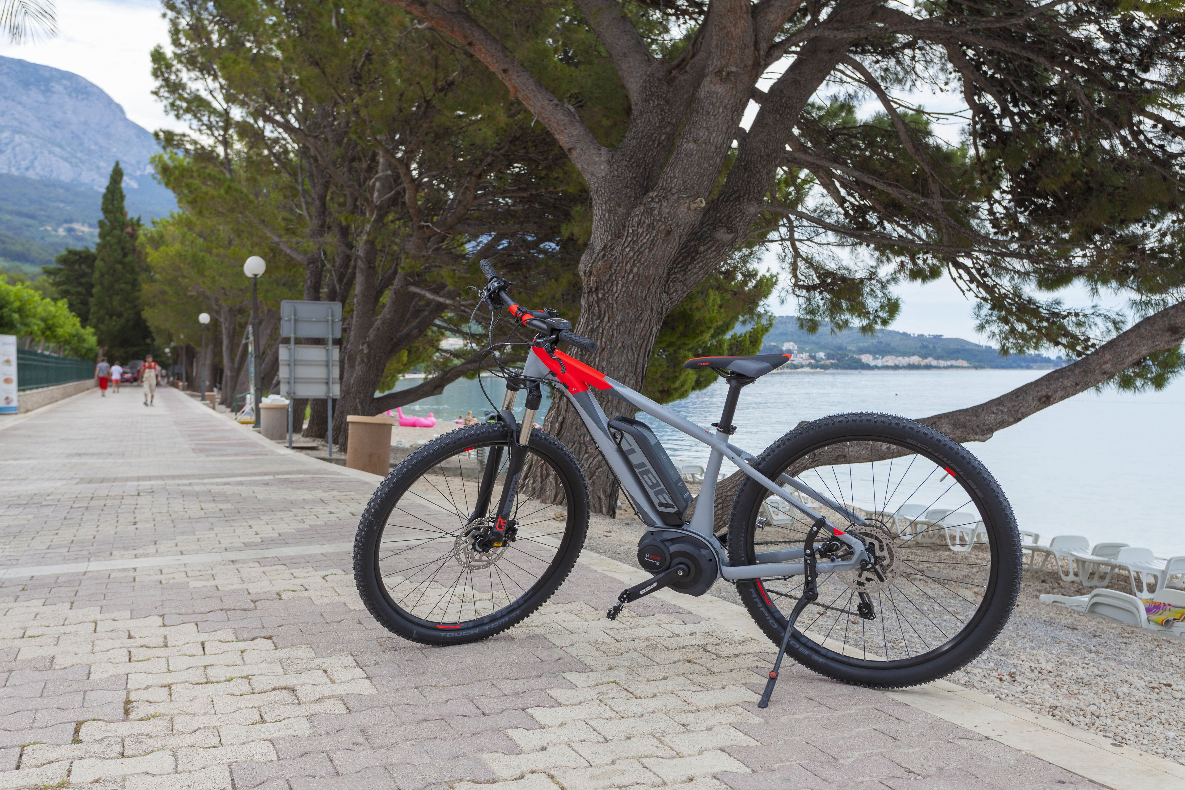 Un vélo est garé au bord d’un sentier qui longe un lac, avec des arbres et une vue sur l’eau.