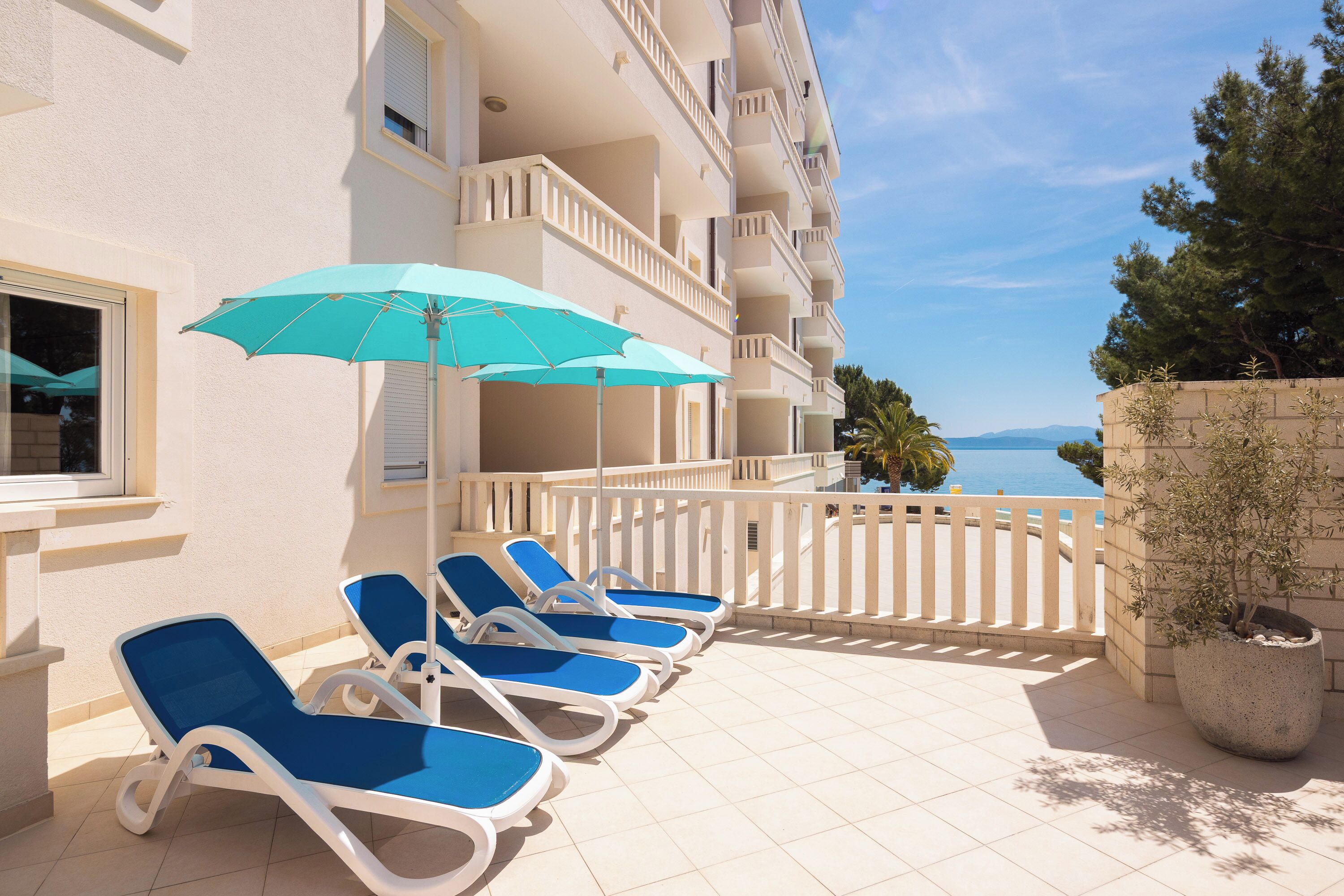 A balcony with sun loungers and umbrellas, a potted plant, and a view of the sea.