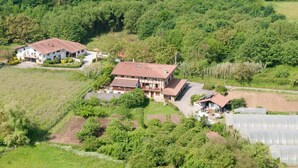 A large house with a red-tiled roof, surrounded by lush greenery and a small garden. - Aristieta (Ajangiz)