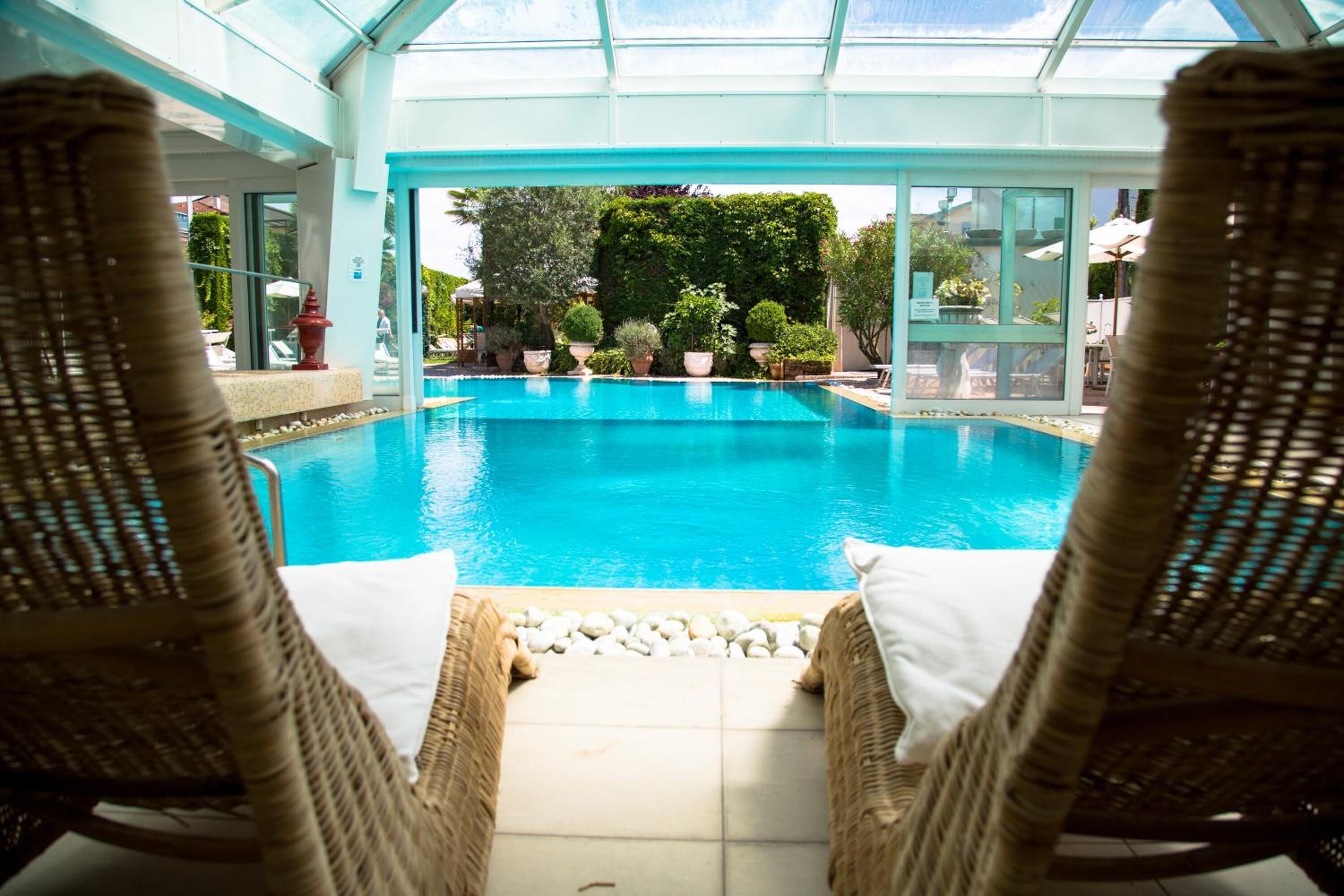 Indoor pool, outdoor pool, pool loungers