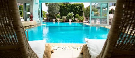 Indoor pool, outdoor pool, sun loungers