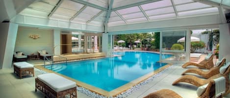 Indoor pool, outdoor pool, pool loungers