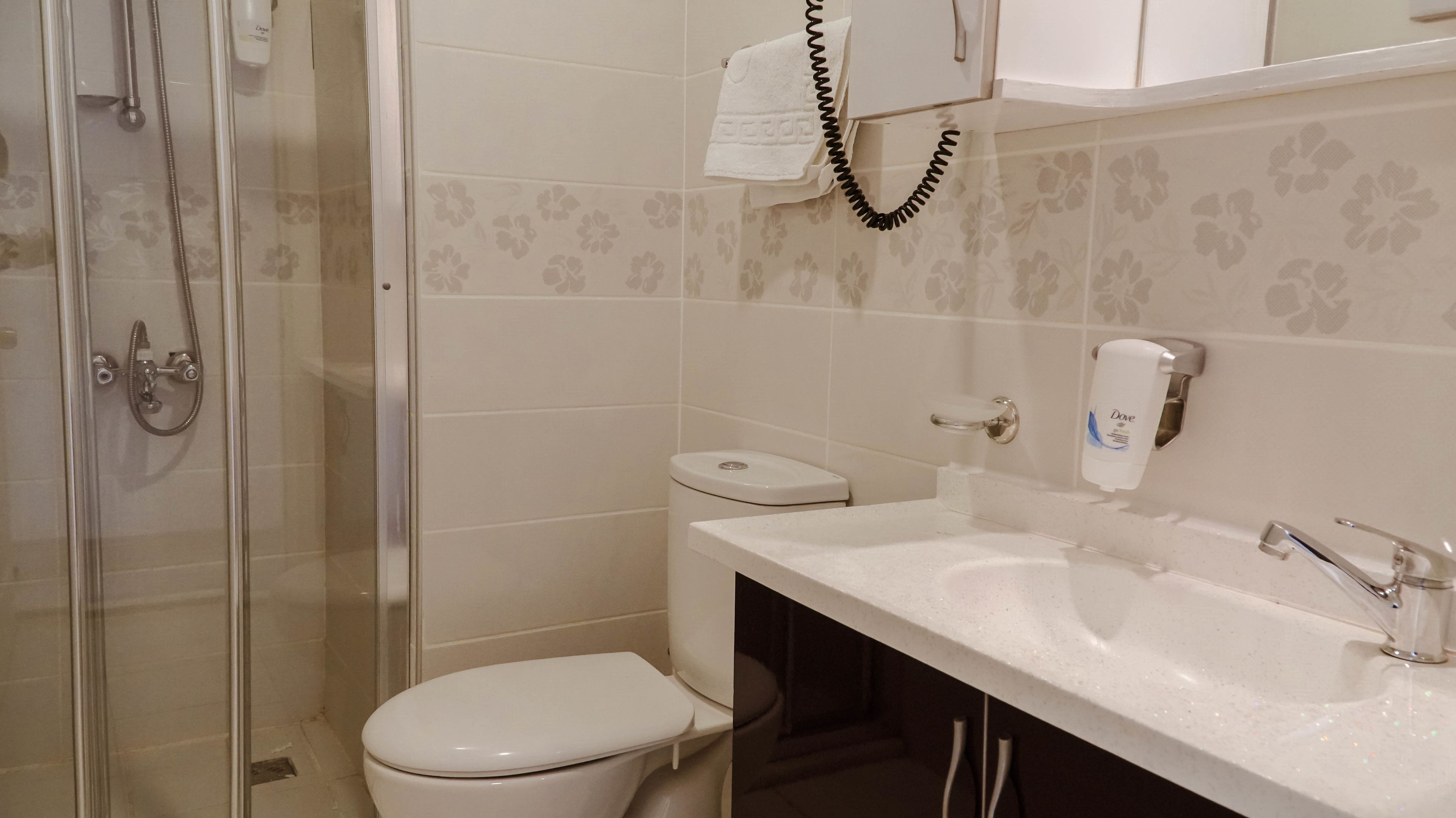 shower, free toiletries, hair dryer, slippers