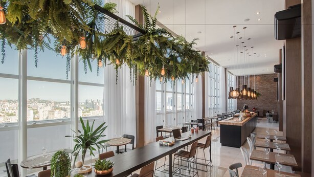 Ein modernes Restaurant mit hohen Decken, großen Fenstern und hängenden Pflanzen. Tische sind zum Essen bereitgedeckt, und im Hintergrund ist eine Bar erkennbar.