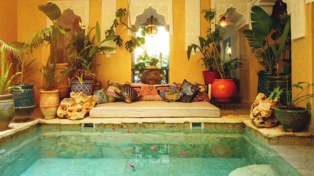 A pool area with a bench, surrounded by various potted plants and decorative items. - Riad Persephone (Marrakech)
