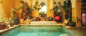 A pool area with a bench, surrounded by various potted plants and decorative items.