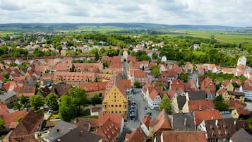 A town with historic buildings, a central street, and surrounding green fields.