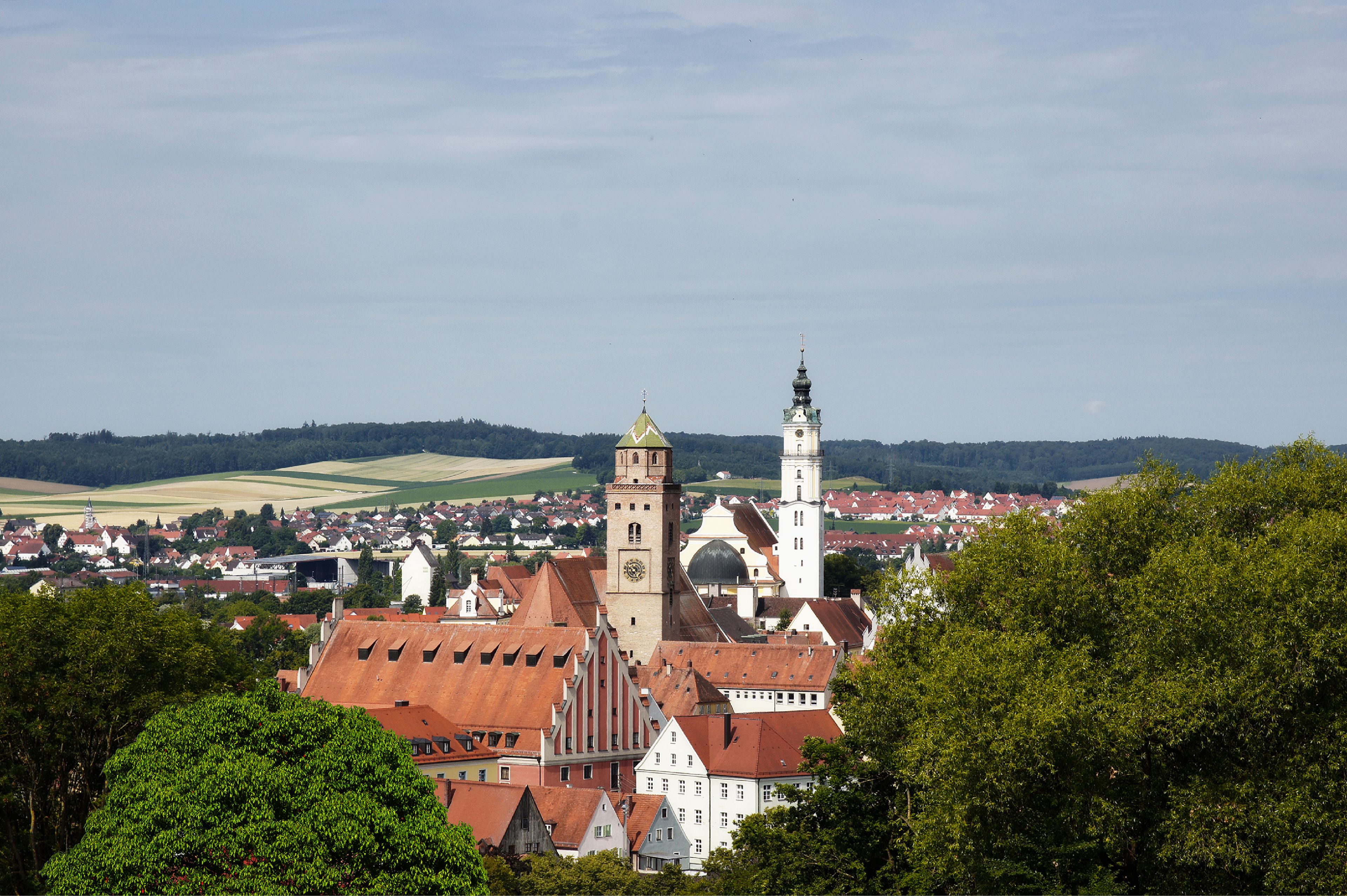 A town with historic architecture, including a prominent tower and a church with a clock.