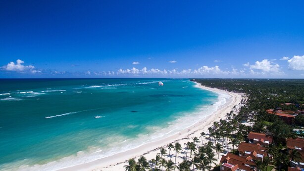 A coastal area with a beach, palm trees, and a clear blue sky. - TOT Punta Cana Apartments (Punta Cana)