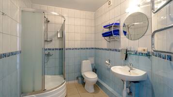 Une salle de bain avec une douche à parois de verre, des toilettes, un lavabo et un miroir.