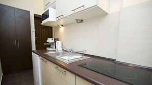 A modern kitchen with a dishwasher, stove, and a microwave on the countertop. - Rent a Flat apartments - Korzenna St. (Gdansk)