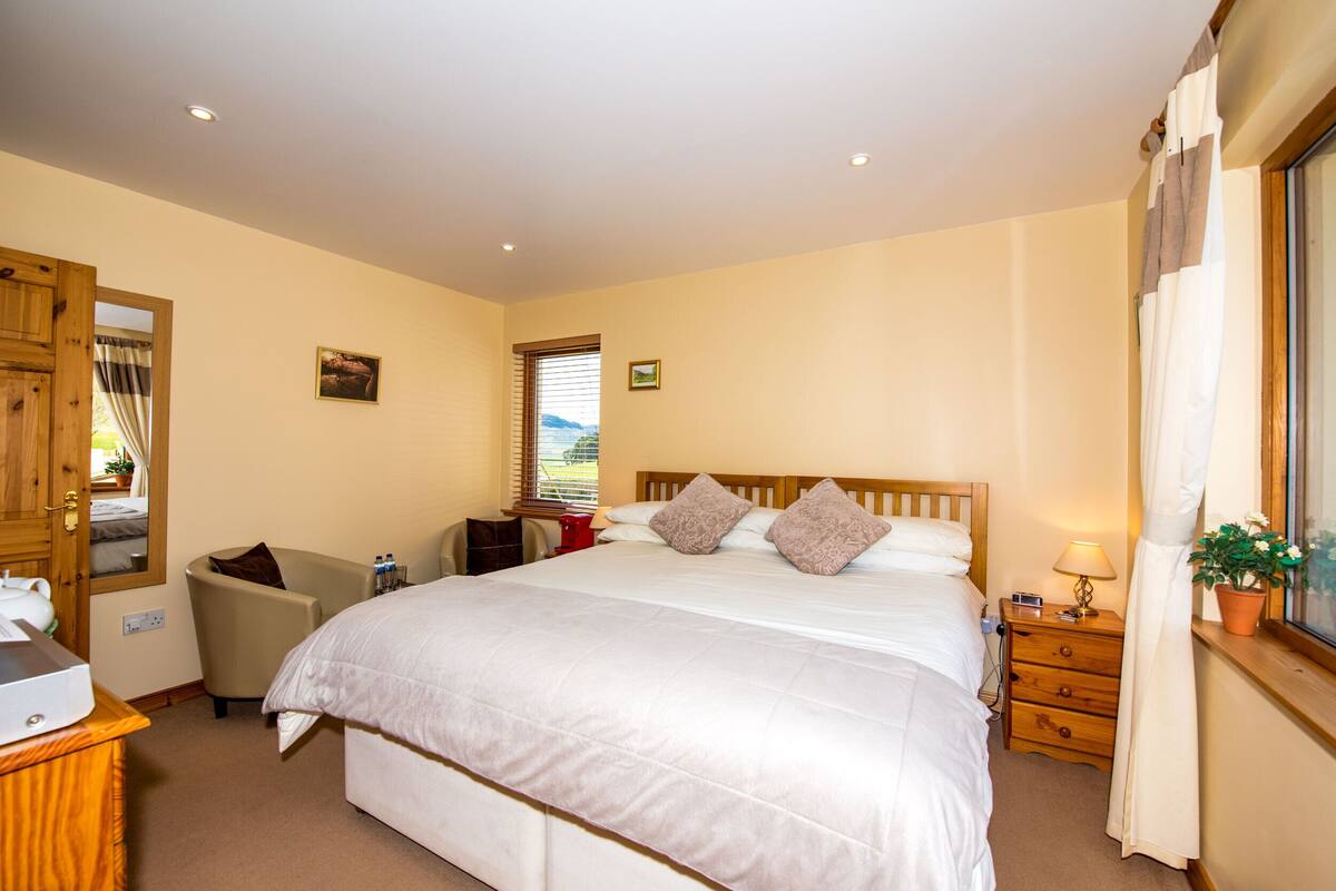 A bedroom with a large bed, a wooden headboard, a bedside table with a lamp, a chair, and a window with curtains.