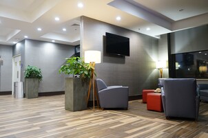 Un vestíbulo moderno con una televisión de pantalla plana montada en la pared, una planta grande en maceta y una zona de estar con un reposapiés rojo.