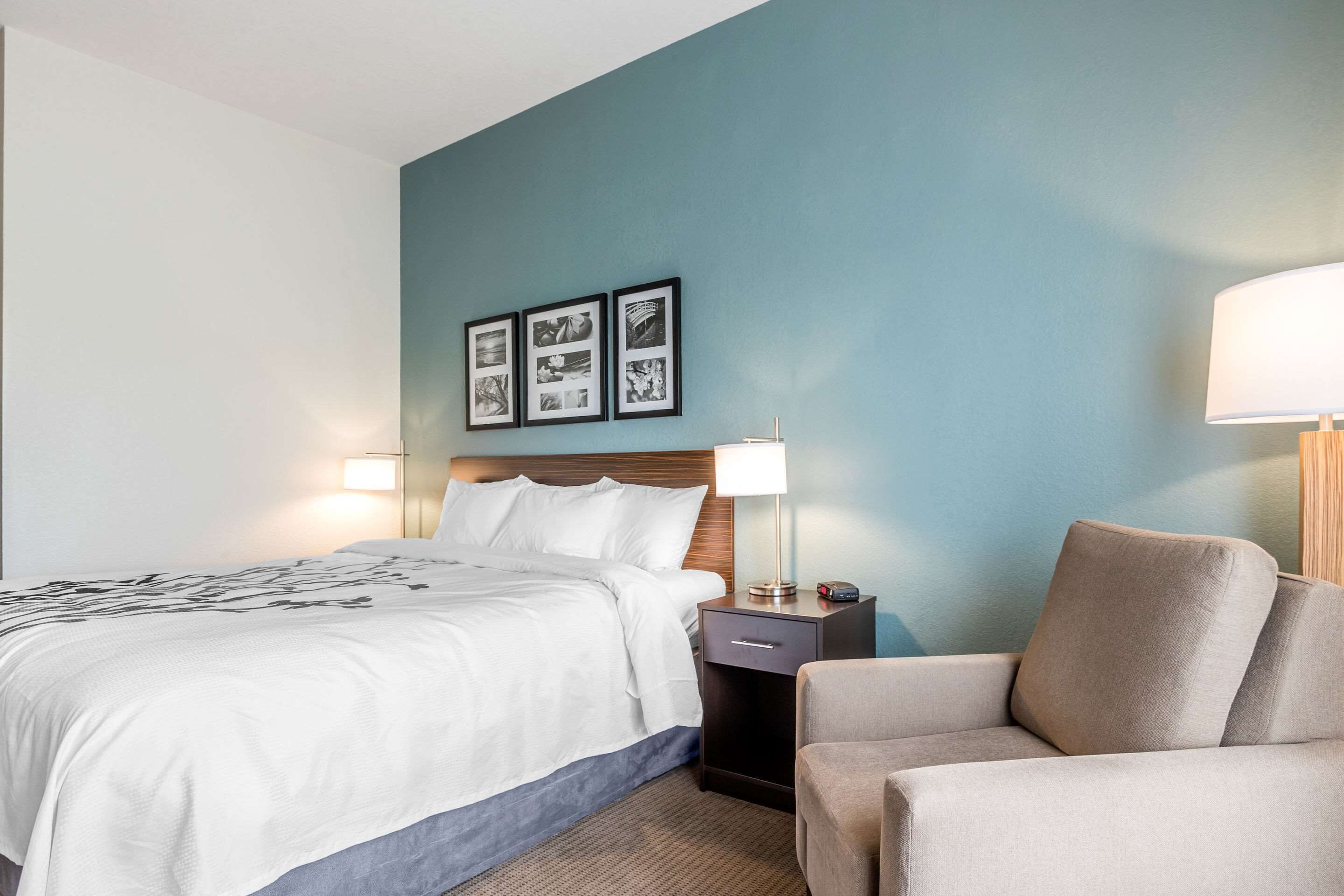 A hotel room with a bed, bedside table, lamp, and a chair.