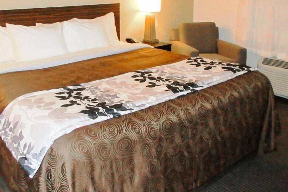 A hotel room with a bed, a chair, a nightstand, and a lamp.