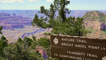 A wooden sign with directional arrows indicating trails to Bright Angel Point and Campground.