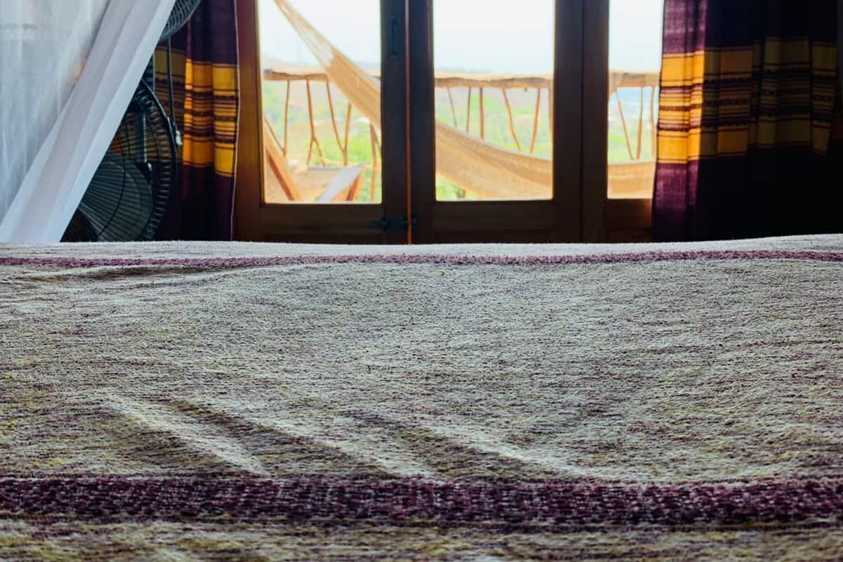 Une pièce dotée d’une grande fenêtre, d’un plafond en bois et d’un sol recouvert de moquette.