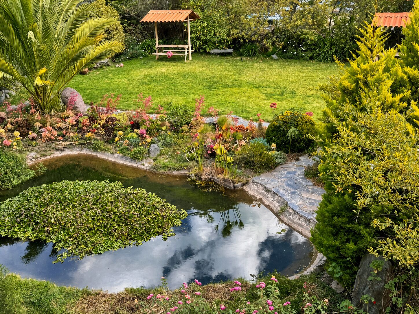 A garden with a pond, a wooden bench, and various plants.