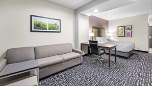 Une chambre d’hôtel équipée d’un canapé, d’un bureau, d’une chaise et d’un lit.