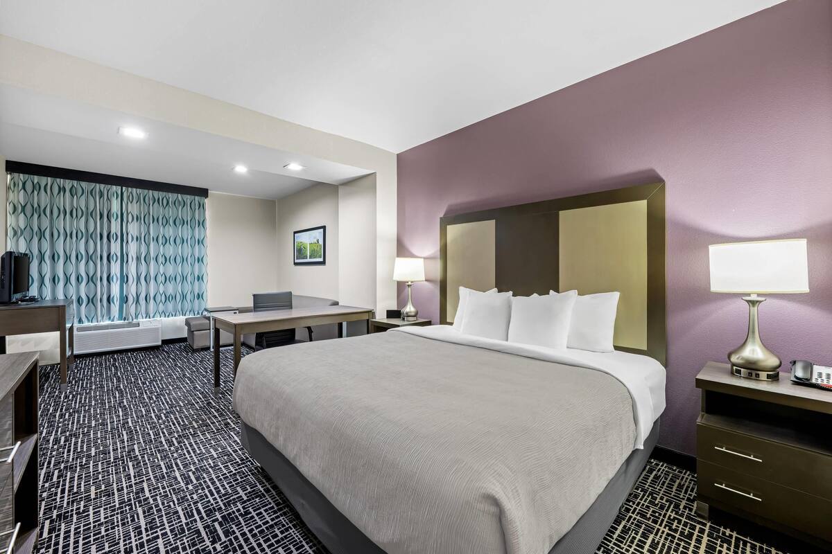 Een hotelkamer met een groot bed, een bureau, een stoel, een televisie en een lamp.