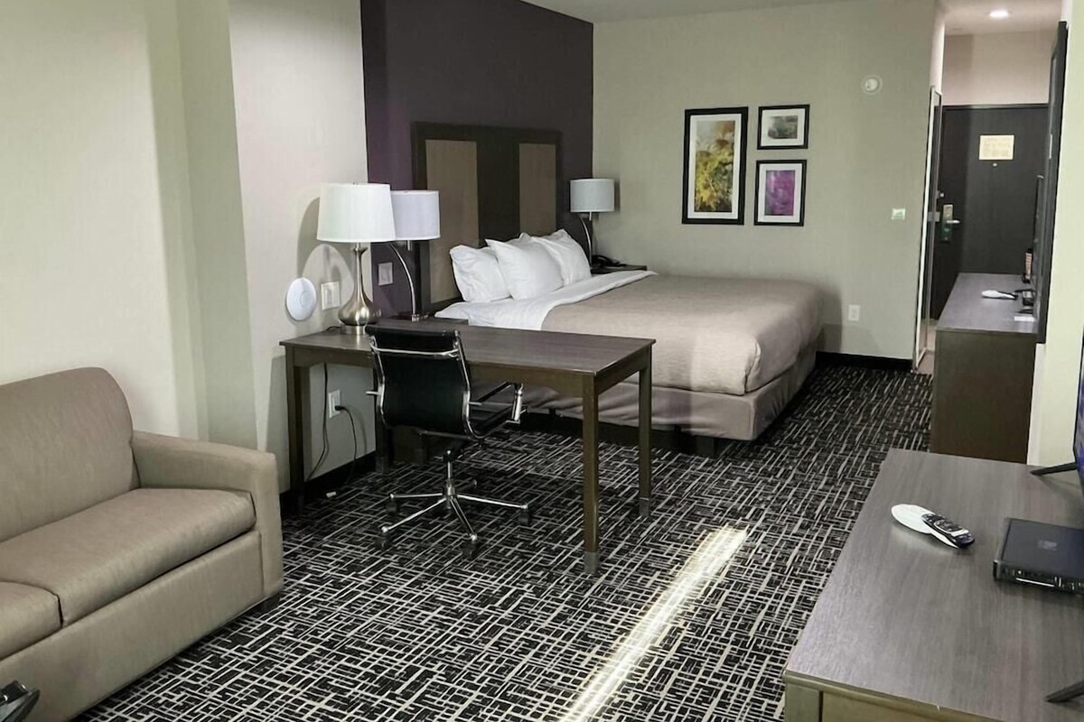 Habitación de hotel con cama, escritorio con silla, sofá y una pequeña kitchenette.