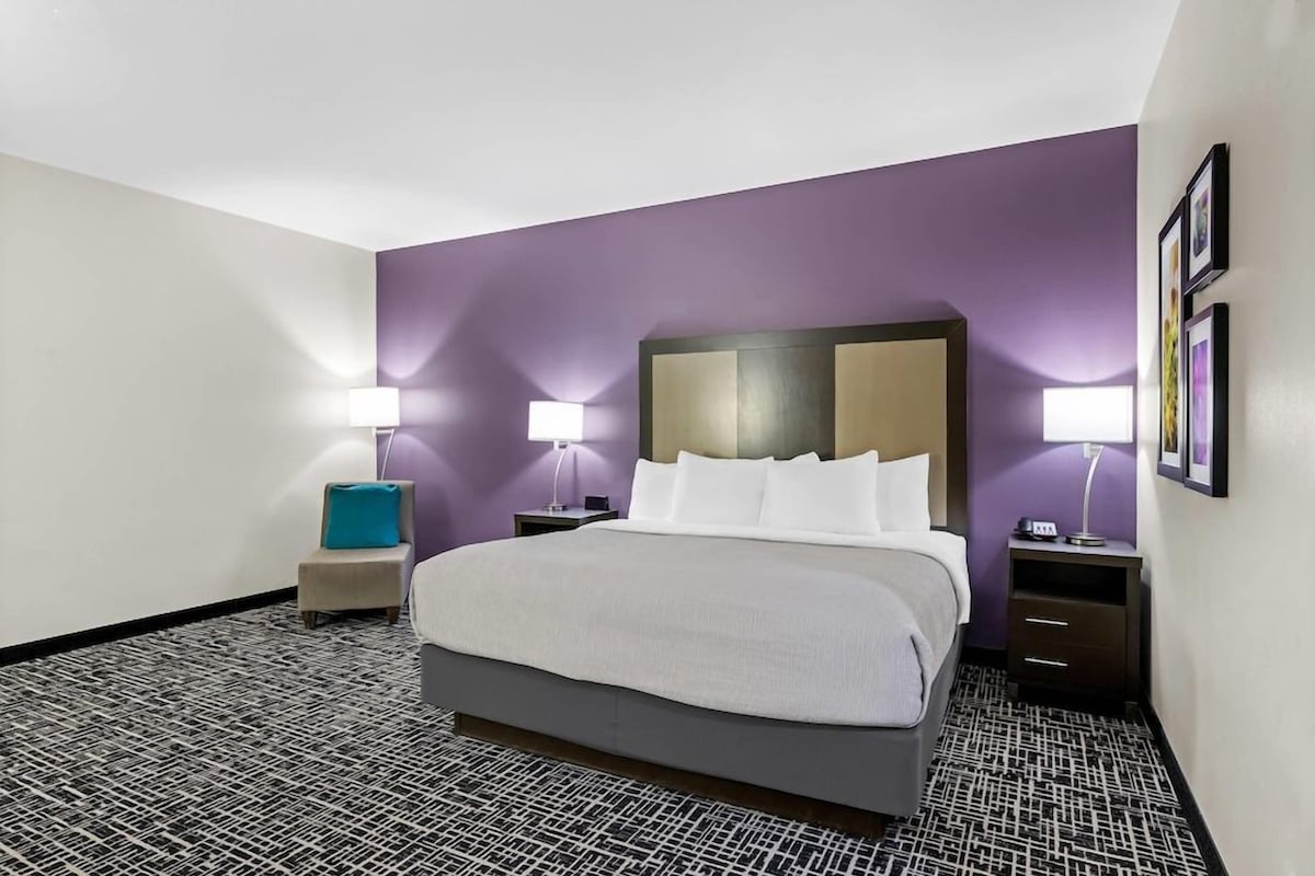 Una habitación de hotel con una cama grande, dos mesitas de noche, una silla pequeña y una alfombra estampada.