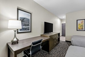 A hotel room with a desk, chair, TV, bed, and artwork on the walls. - Quality Inn & Suites Colorado City, TX (Colorado City)
