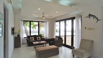 Family Villa, 2 Bedrooms, Sea View | Living area | 32-inch flat-screen TV with cable channels, LCD TV