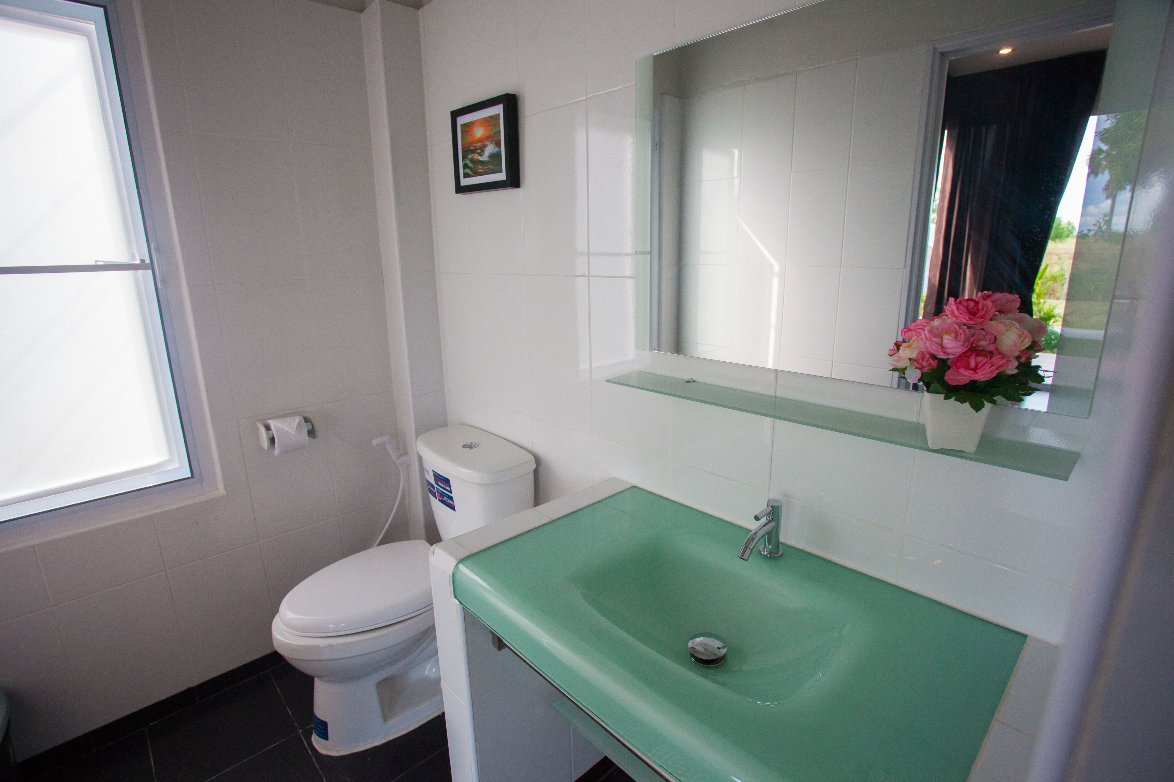 A bathroom with a white toilet, a green sink, and a mirror above it.