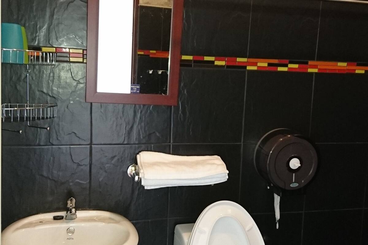 slippers, bidet, towels