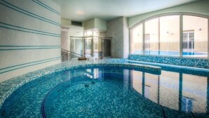 Una piscina interna dal design curvo, con struttura in vetro e vista sull'esterno attraverso ampie finestre.