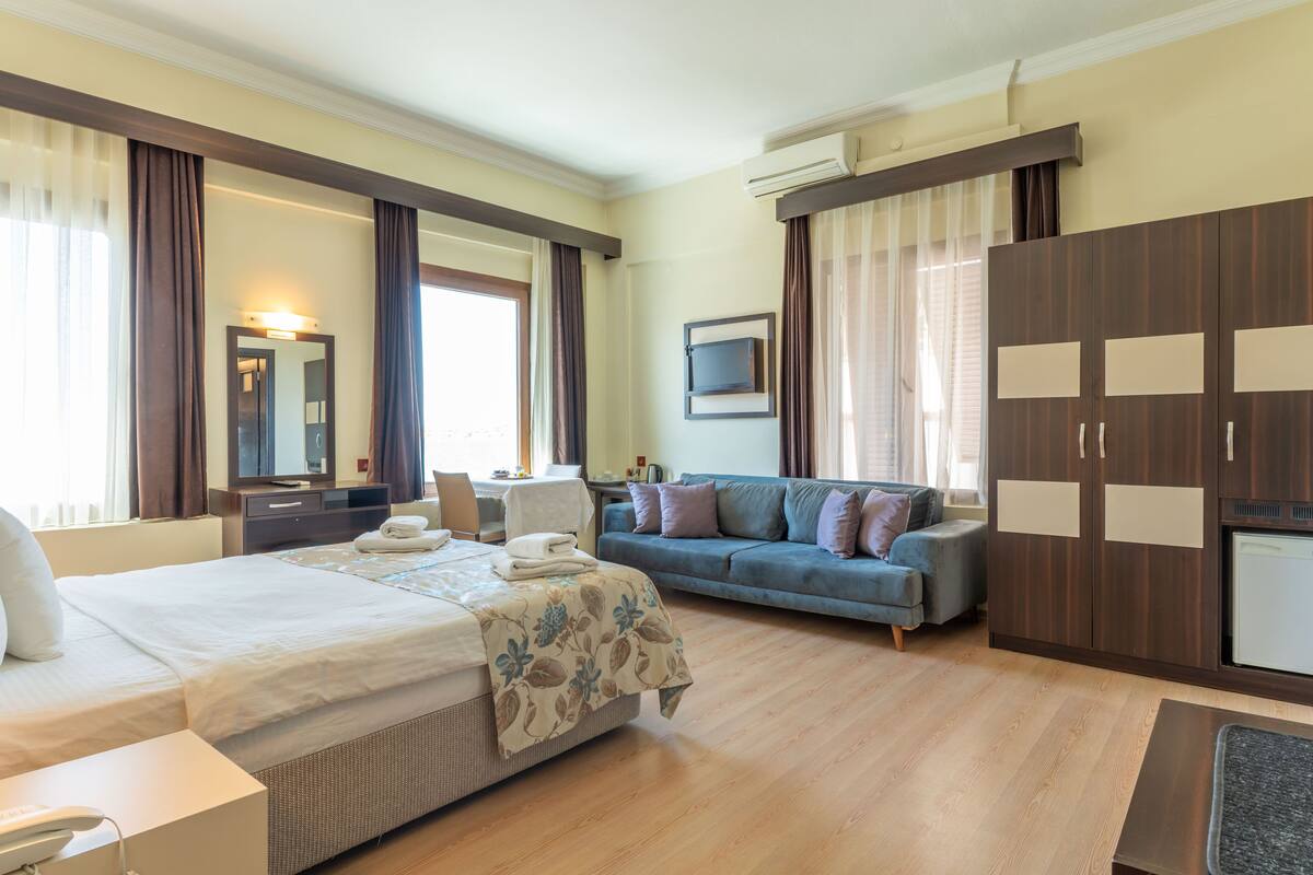 A hotel room with a bed, a sofa, a TV, a wardrobe, and a desk with a chair.
