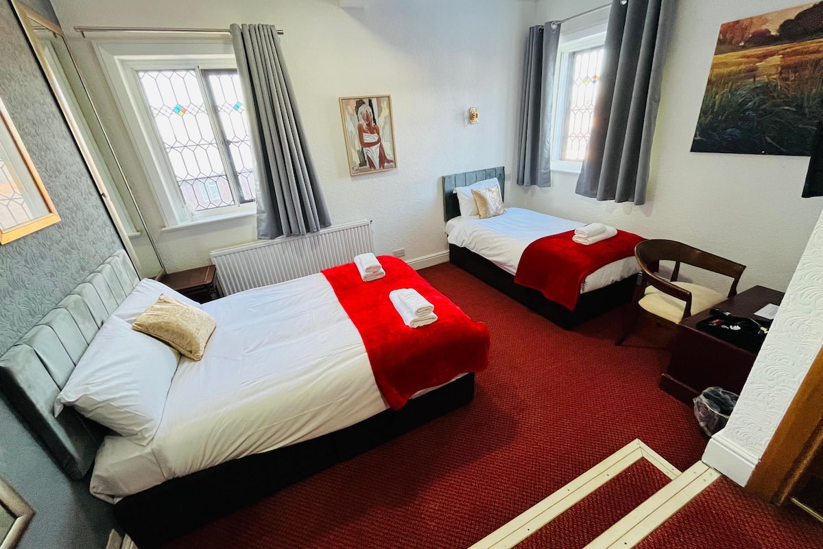 Quarto de hotel com duas camas, um tapete vermelho, um radiador, uma janela com cortinas, um quadro na parede e uma cadeira.